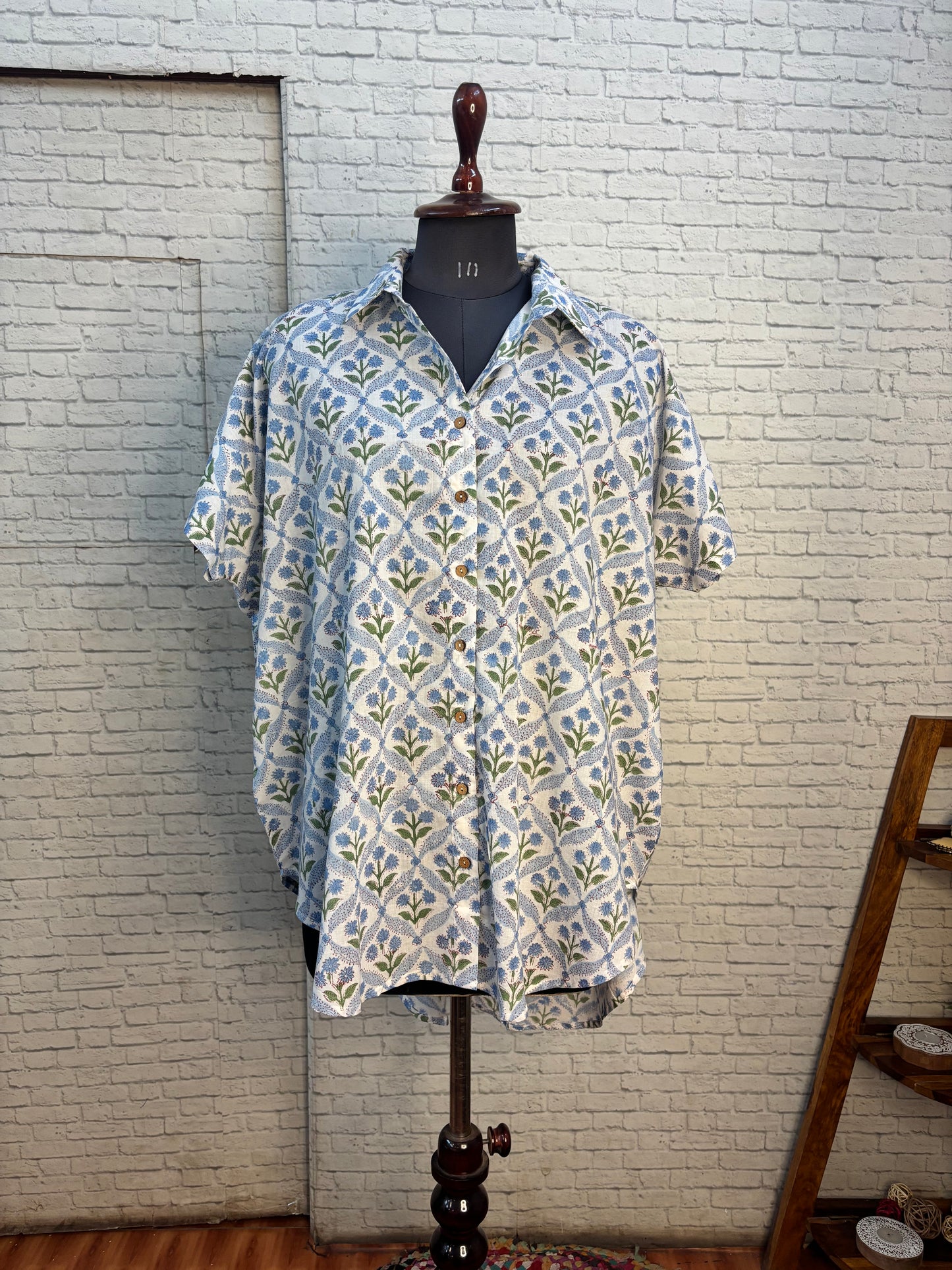 White Mughal Hand Block Printed Cotton High Low Shirt Kaftan
