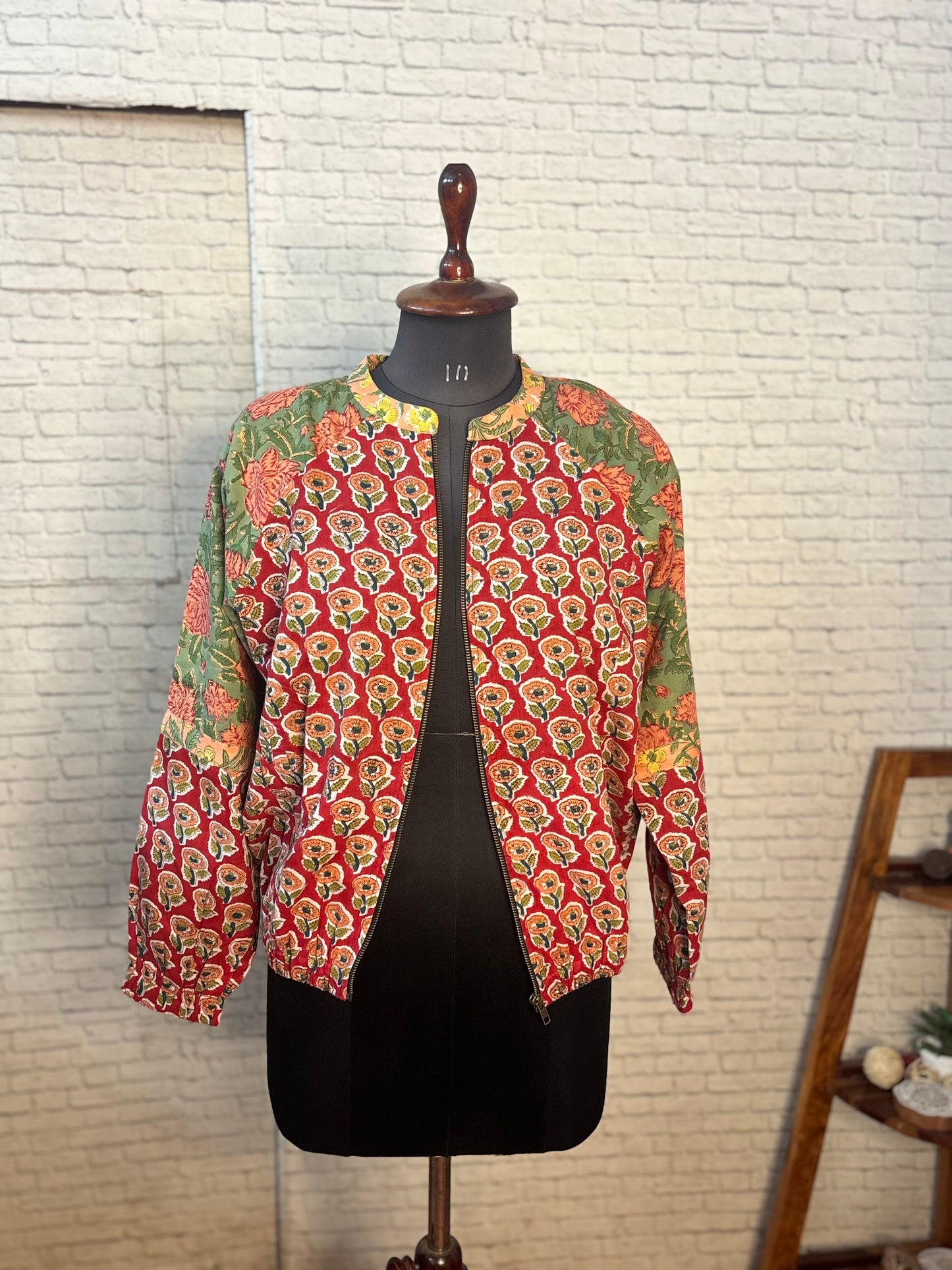 Red Peach Hand Block Printed Unisex Bomber Jacket