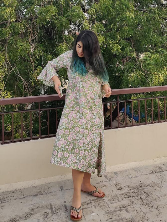 Green Floral Hand Block Printed Side Slit Dress with Pocket