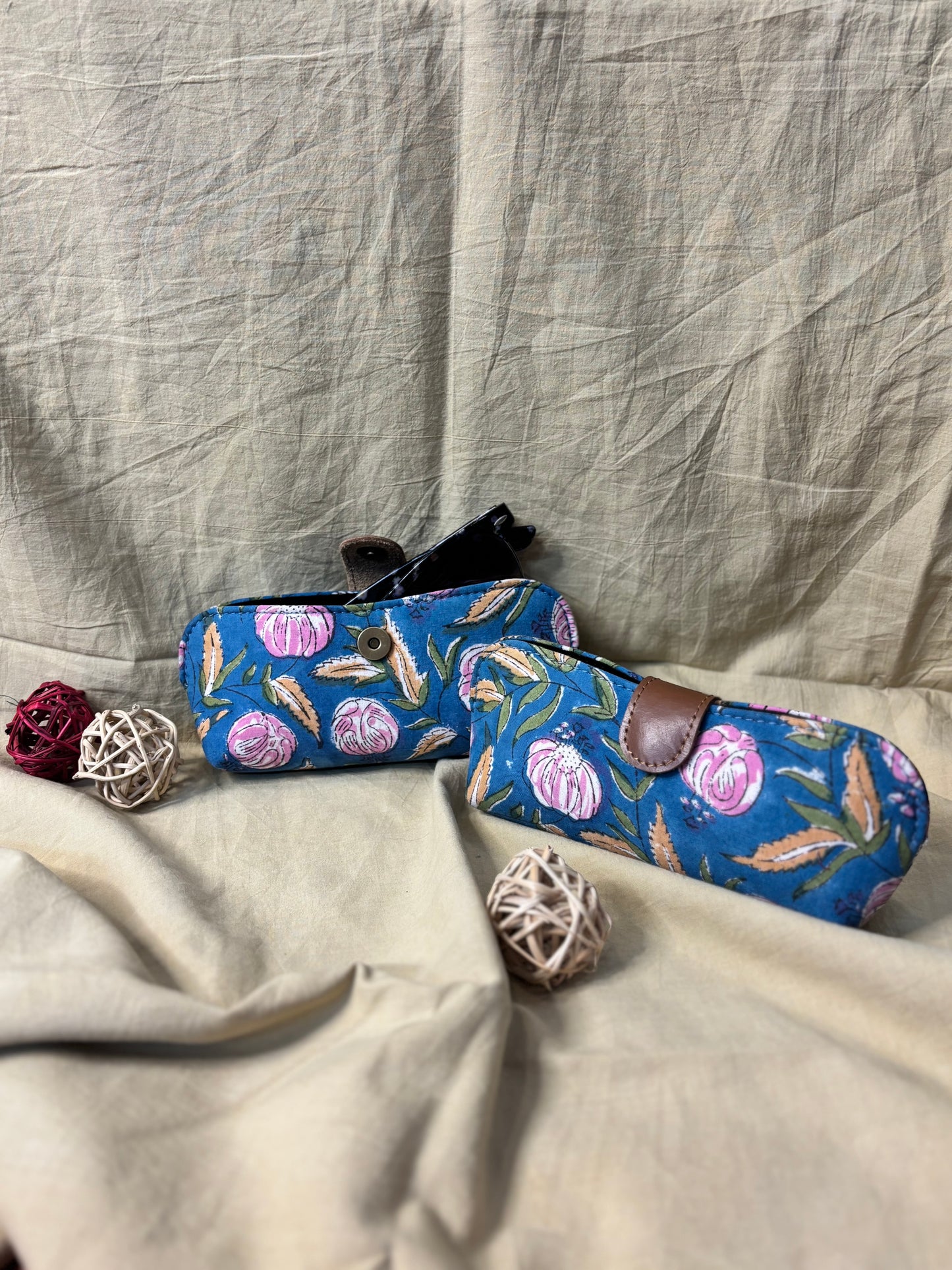 Blue Pink Roses Hand Block Print Eyewear Case