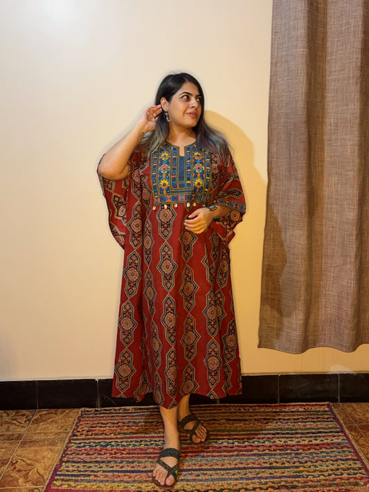 Red Ajrakh Hand Embroidered Patch Kaftan