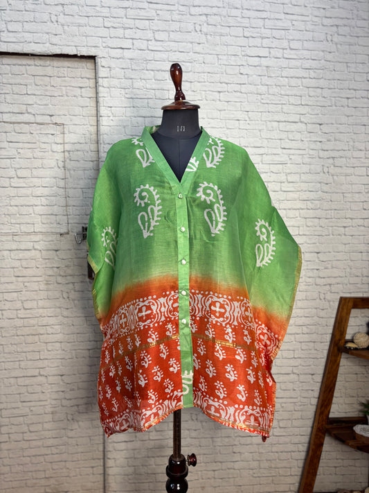Green Orange Chanderi Shirt Kaftan with Sequin Detailing