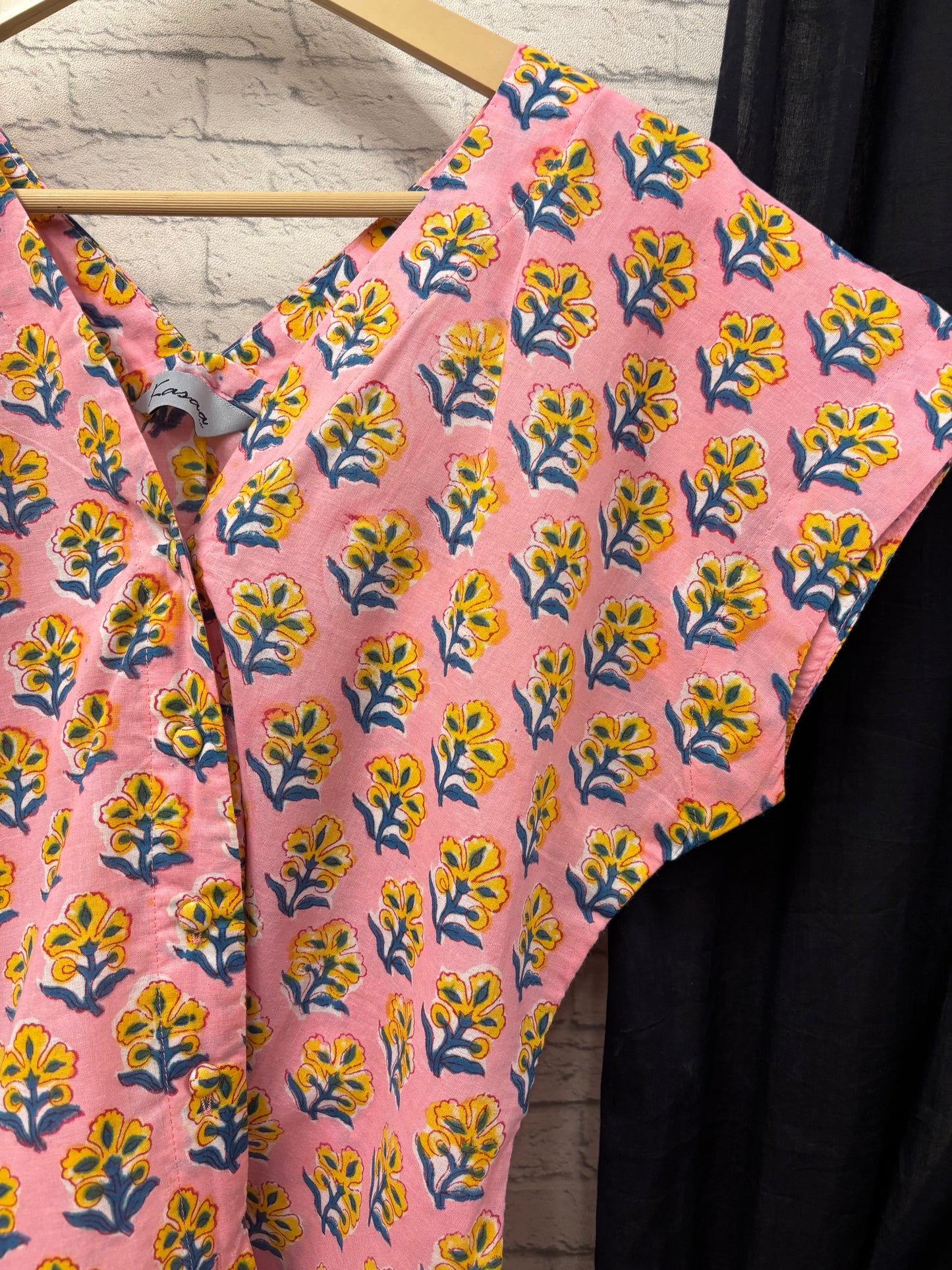 Pink Yellow Hand Block Printed Shirt with Mega Sleeves