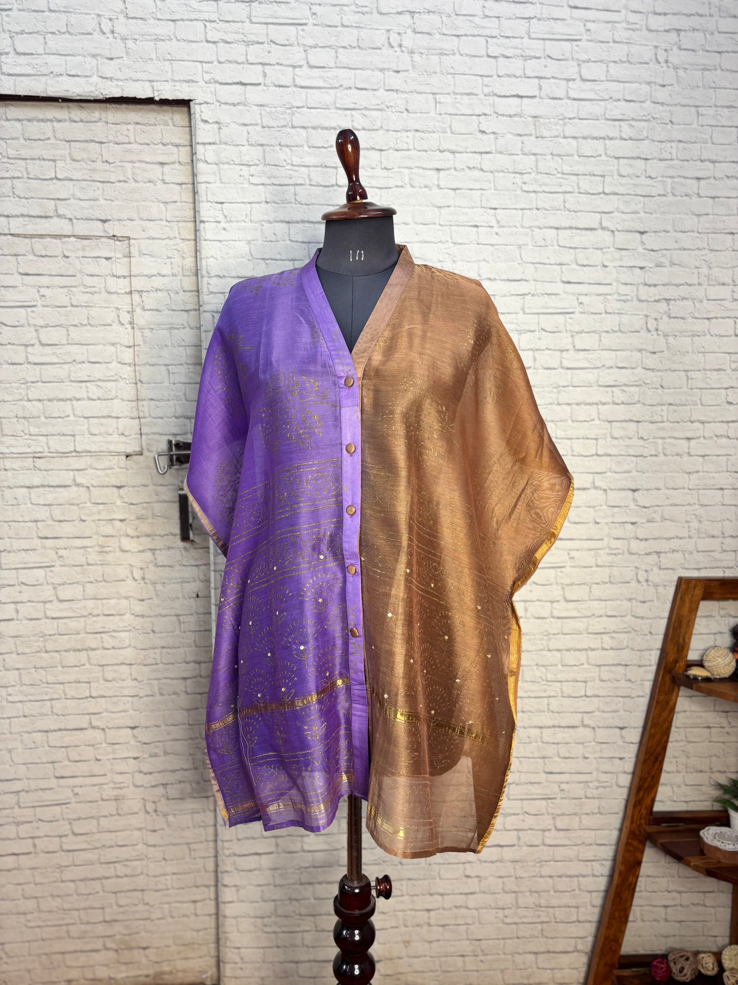 Purple Brown Hand Block Print Chanderi Shirt Kaftan with Sequin Detailing