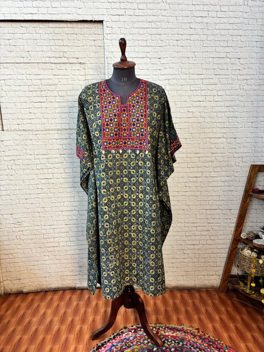 Indigo Green Ajrakh Hand Embroidered Patch Kaftan