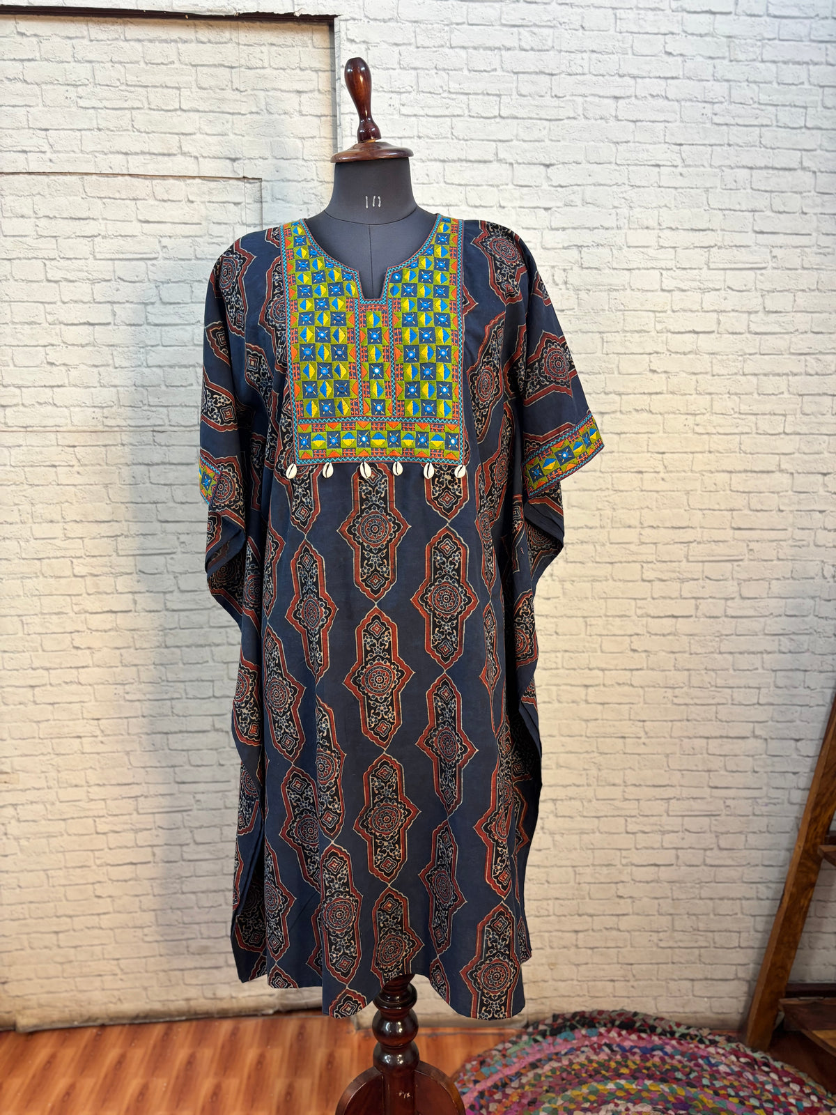 Indigo Red Ajrakh Hand Embroidered Patch Kaftan