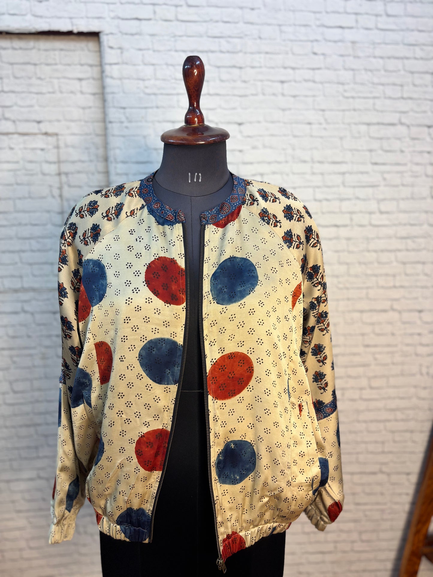 White Modal Silk Ajrakh Unisex Bomber Jacket