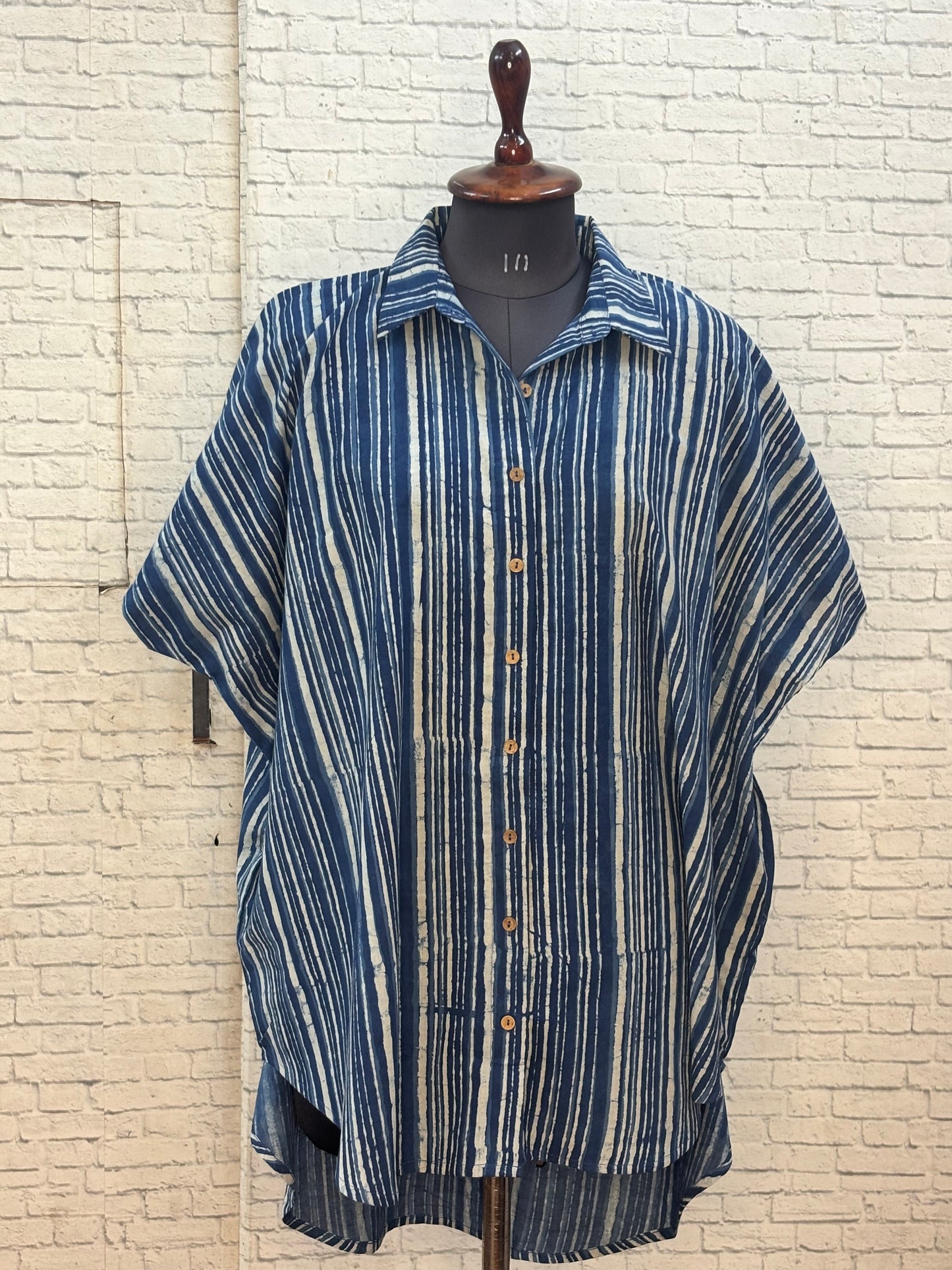Indigo Stripes Dabu  Cotton High Low Shirt Kaftan