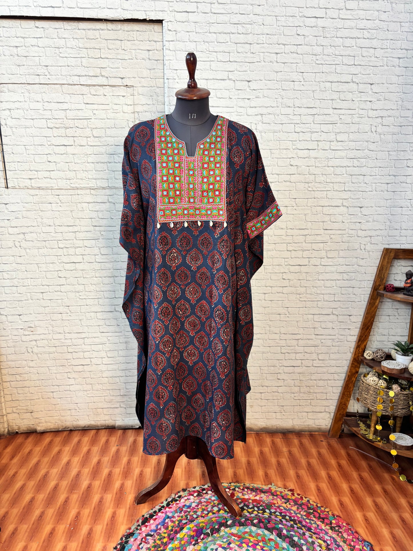 Indigo Red Ajrakh Hand Embroidered Patch Kaftan