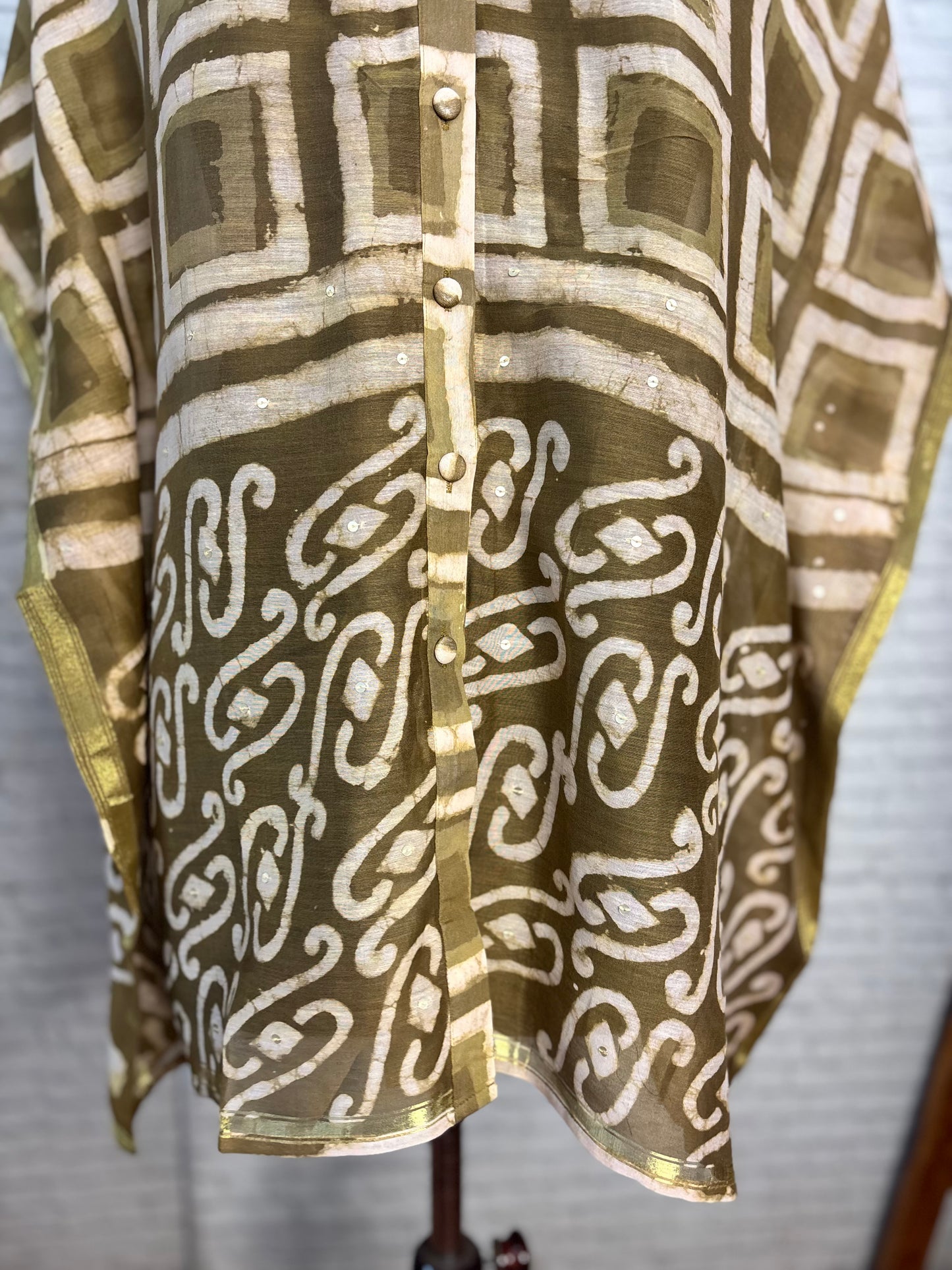 Olive Green Dabu Chanderi Shirt Kaftan with Sequin Detailing