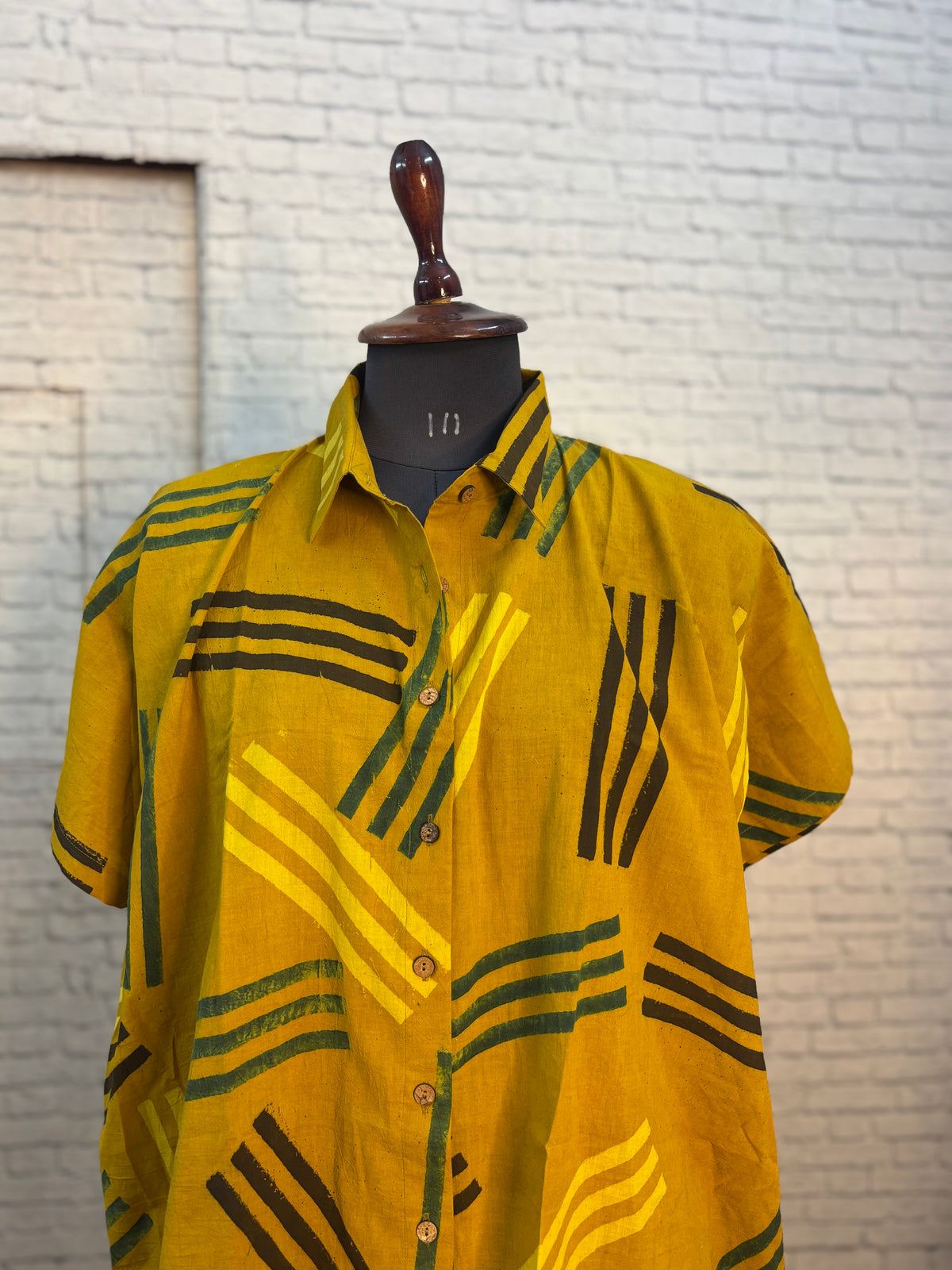 Yellow Ajrakh Hand Block Printed Cotton High Low Shirt Kaftan