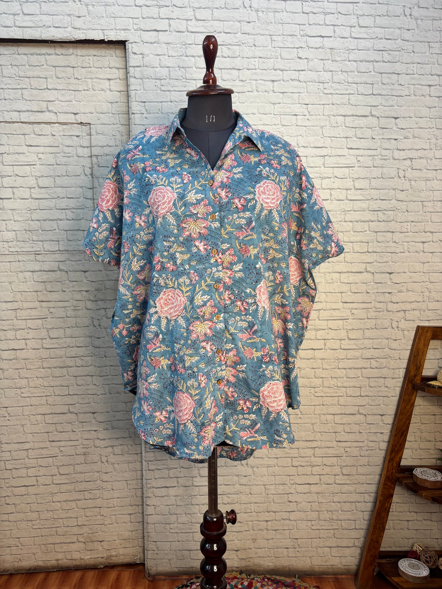Blue Floral Cotton High Low Shirt Kaftan