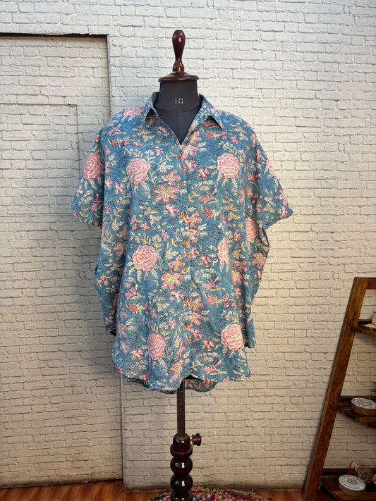 Blue Floral Cotton High Low Shirt Kaftan