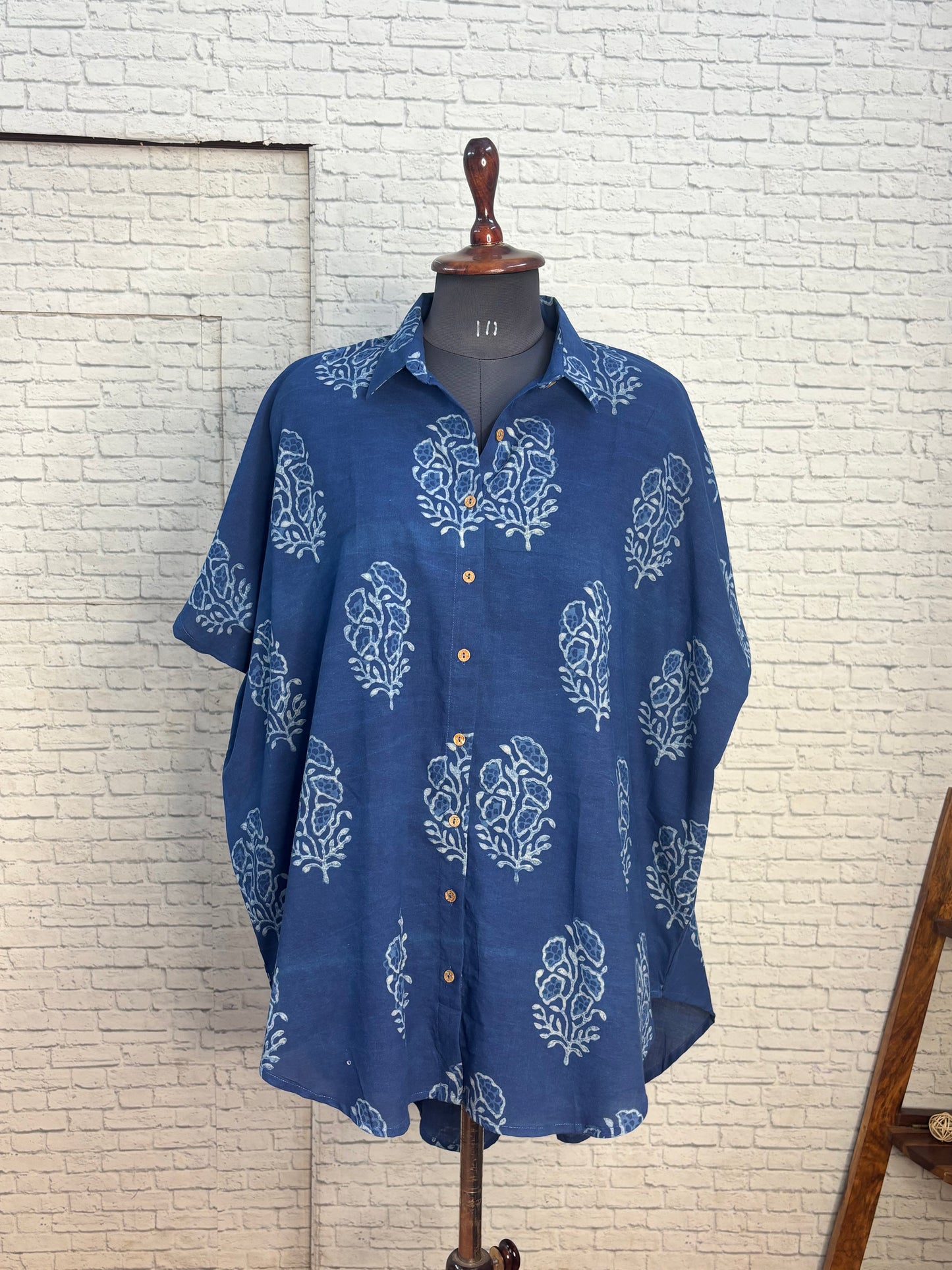 Indigo Flower Cotton High Low Shirt Kaftan
