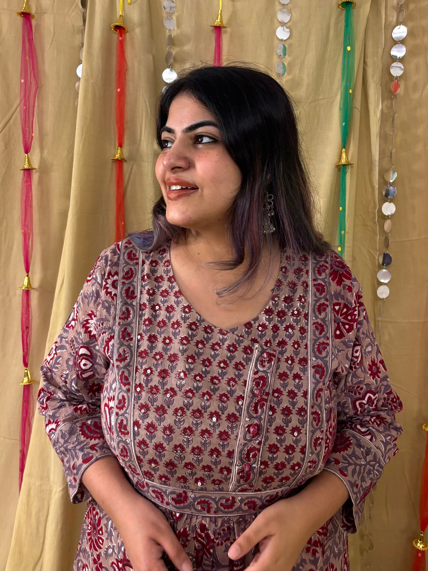 Inayat Hand Block Printed Patch Flared Maxi Dress with Hand Embroidery