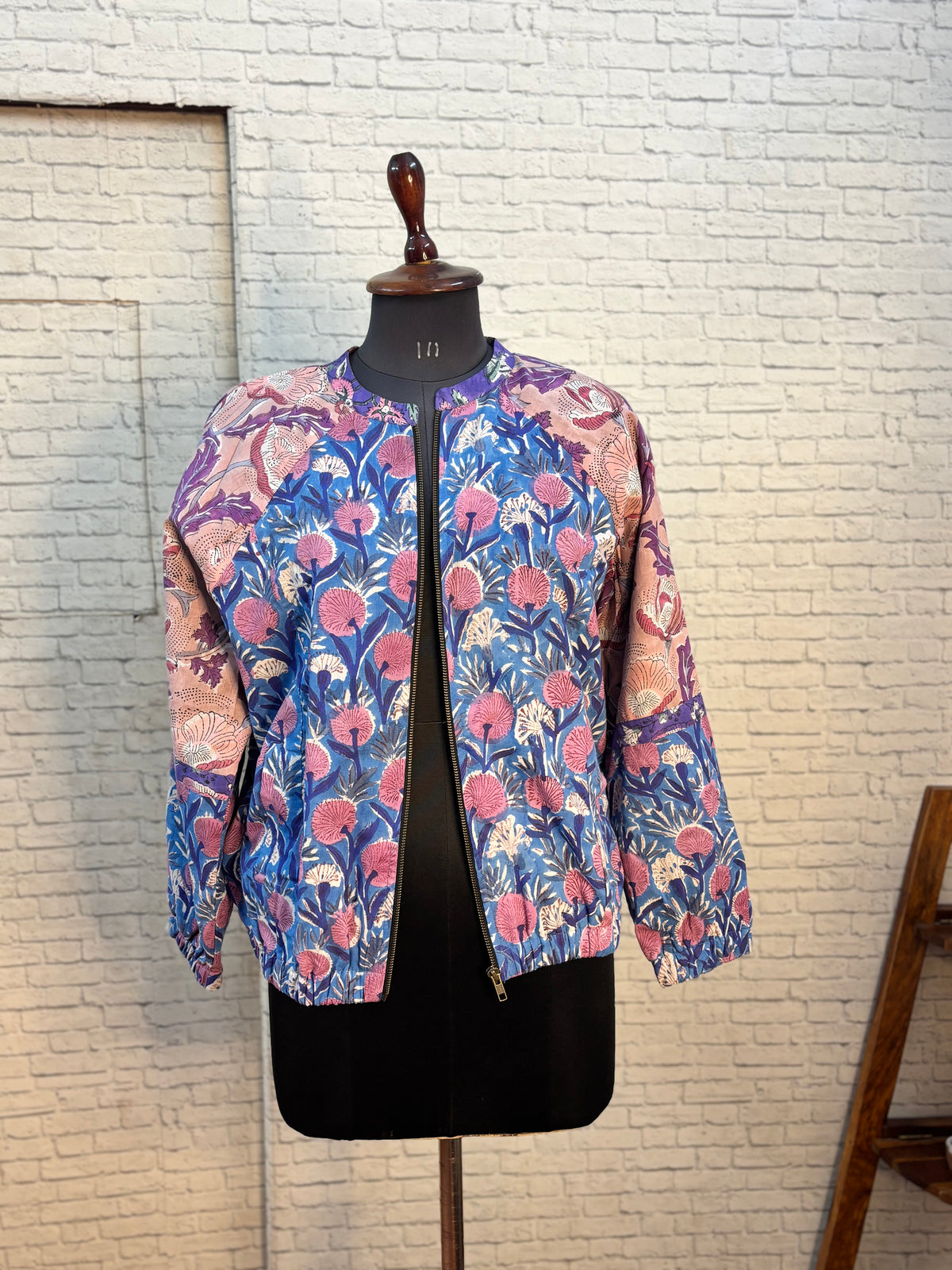 Purple Pink Hand Block Printed Unisex Bomber Jacket