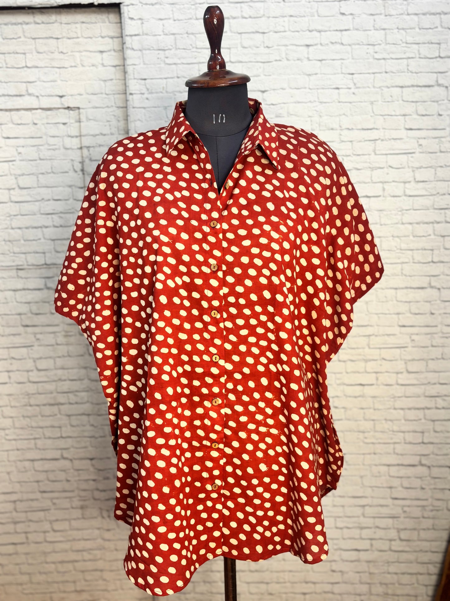 Red Polka Dot Cotton High Low Shirt Kaftan