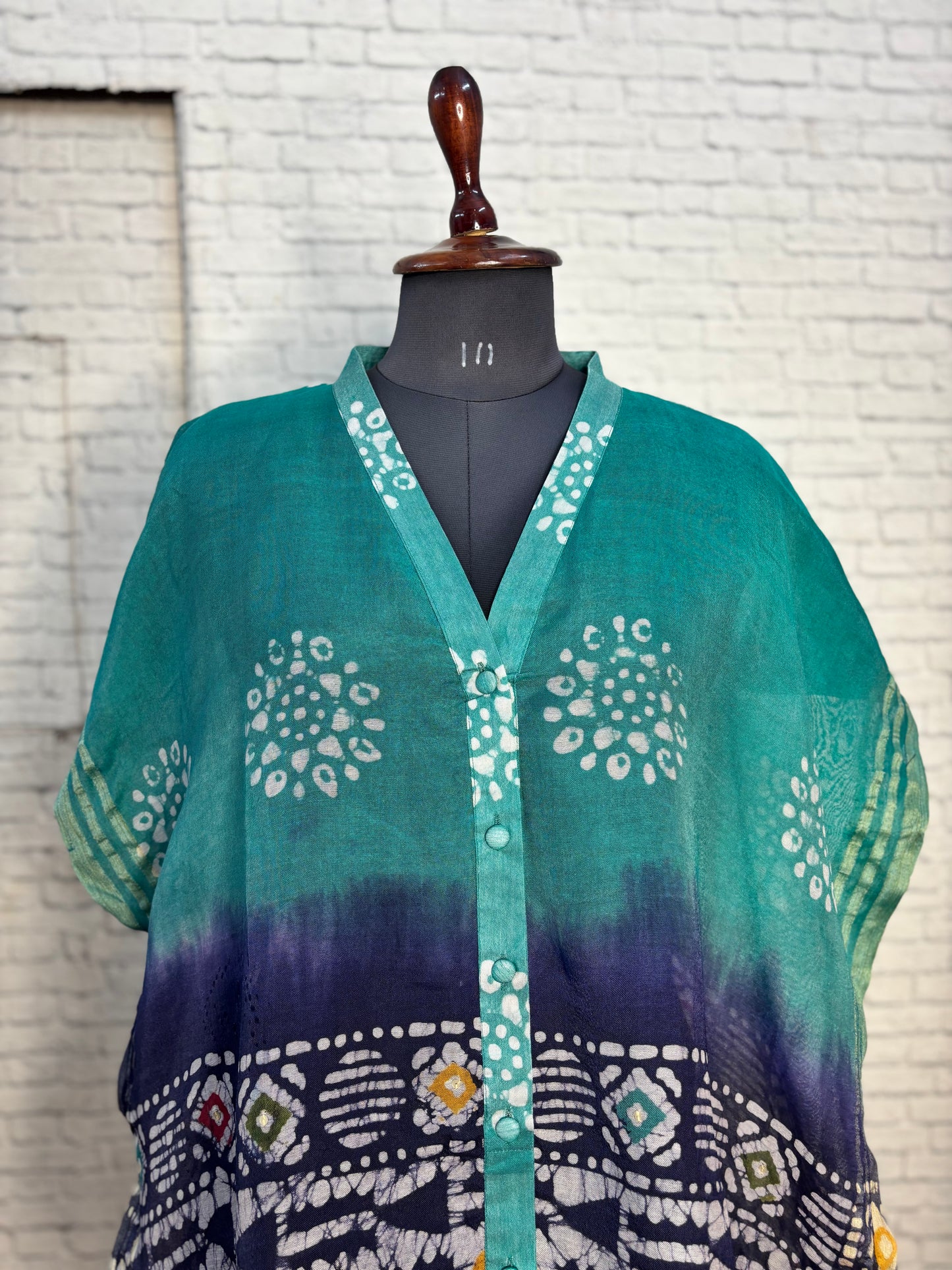 Green Blue Batik Chanderi Shirt Kaftan with Sequin Detailing