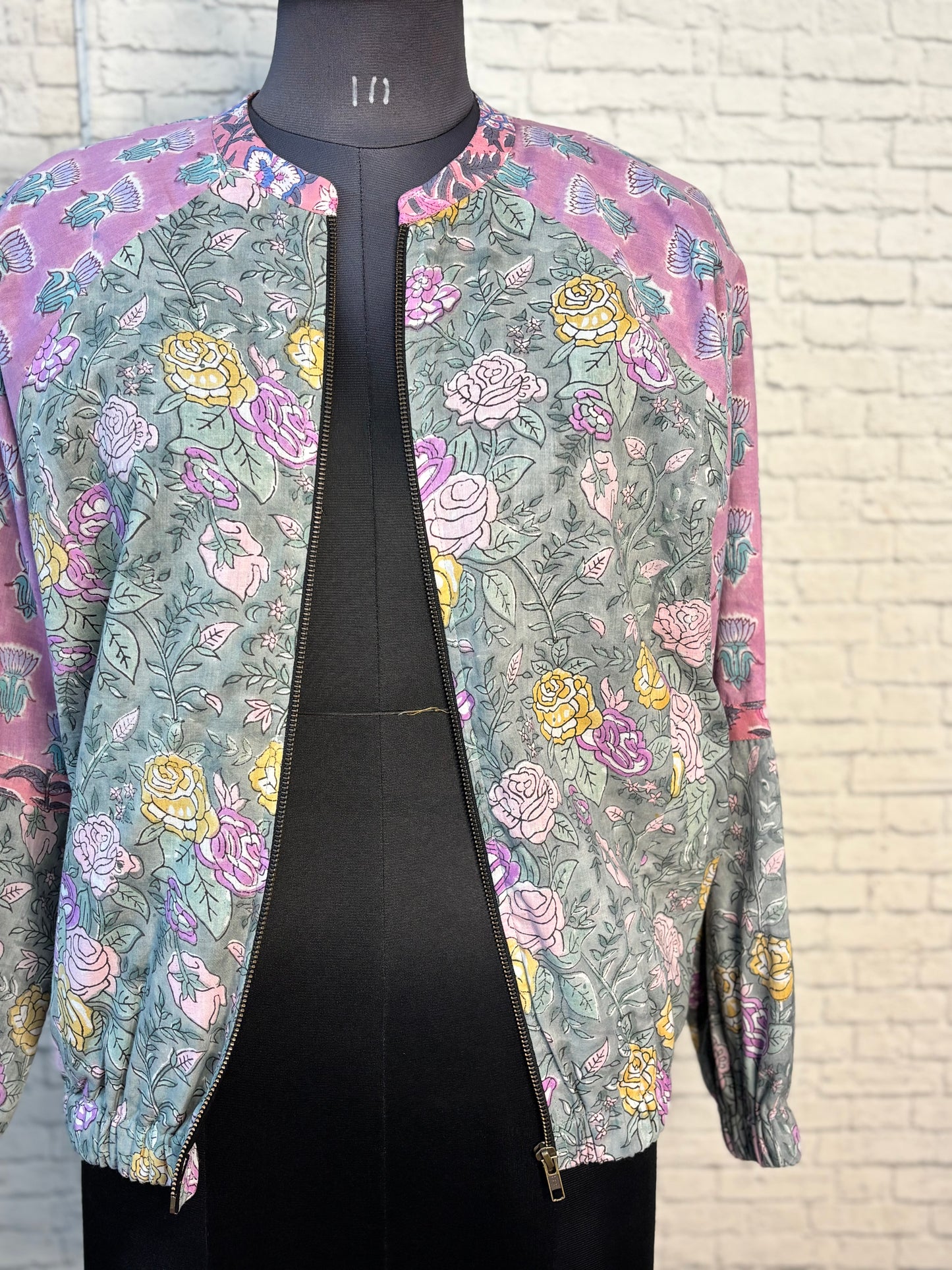 Grey Mauve Hand Block Printed Unisex Bomber Jacket