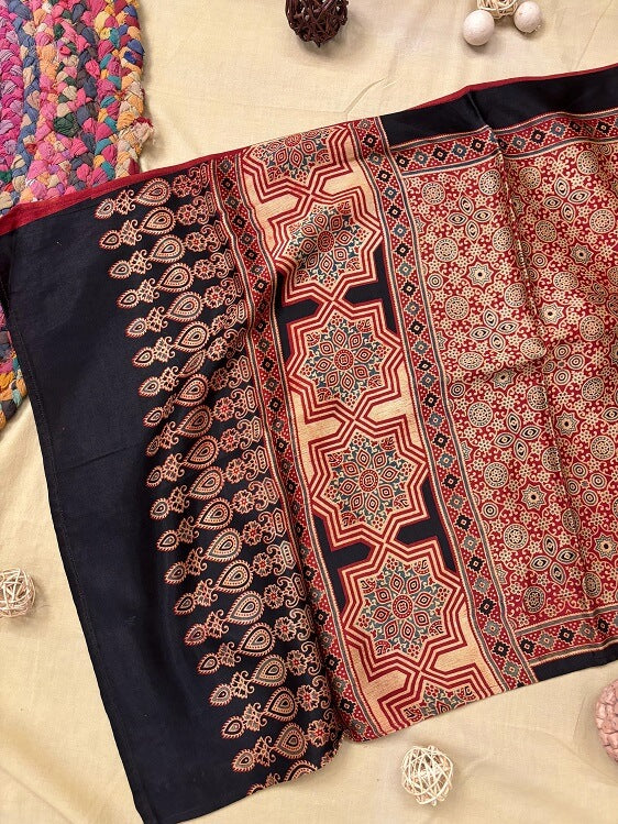 Red Ajrakh Hand Block Printed Mashru Silk Stole