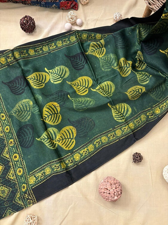 Green Leaf Ajrakh Hand Block Printed Mashru Silk Stole