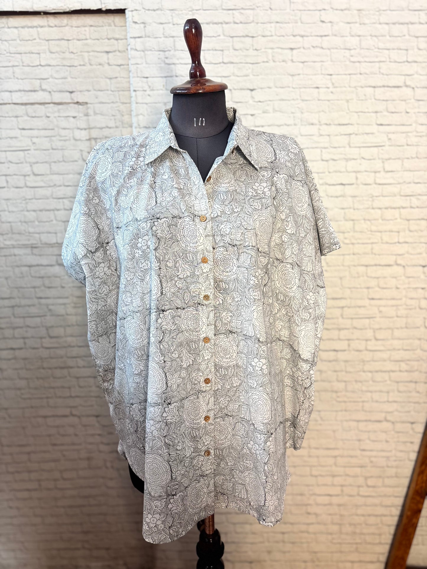 Ivory Grey Cotton Hand Block Printed High-Low Shirt Kaftan