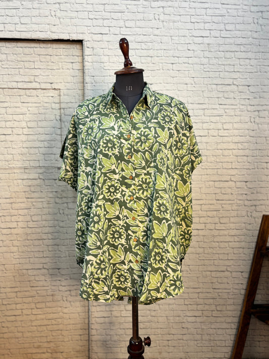 Green Floral Dabu Hand Block Printed Cotton High Low Shirt Kaftan
