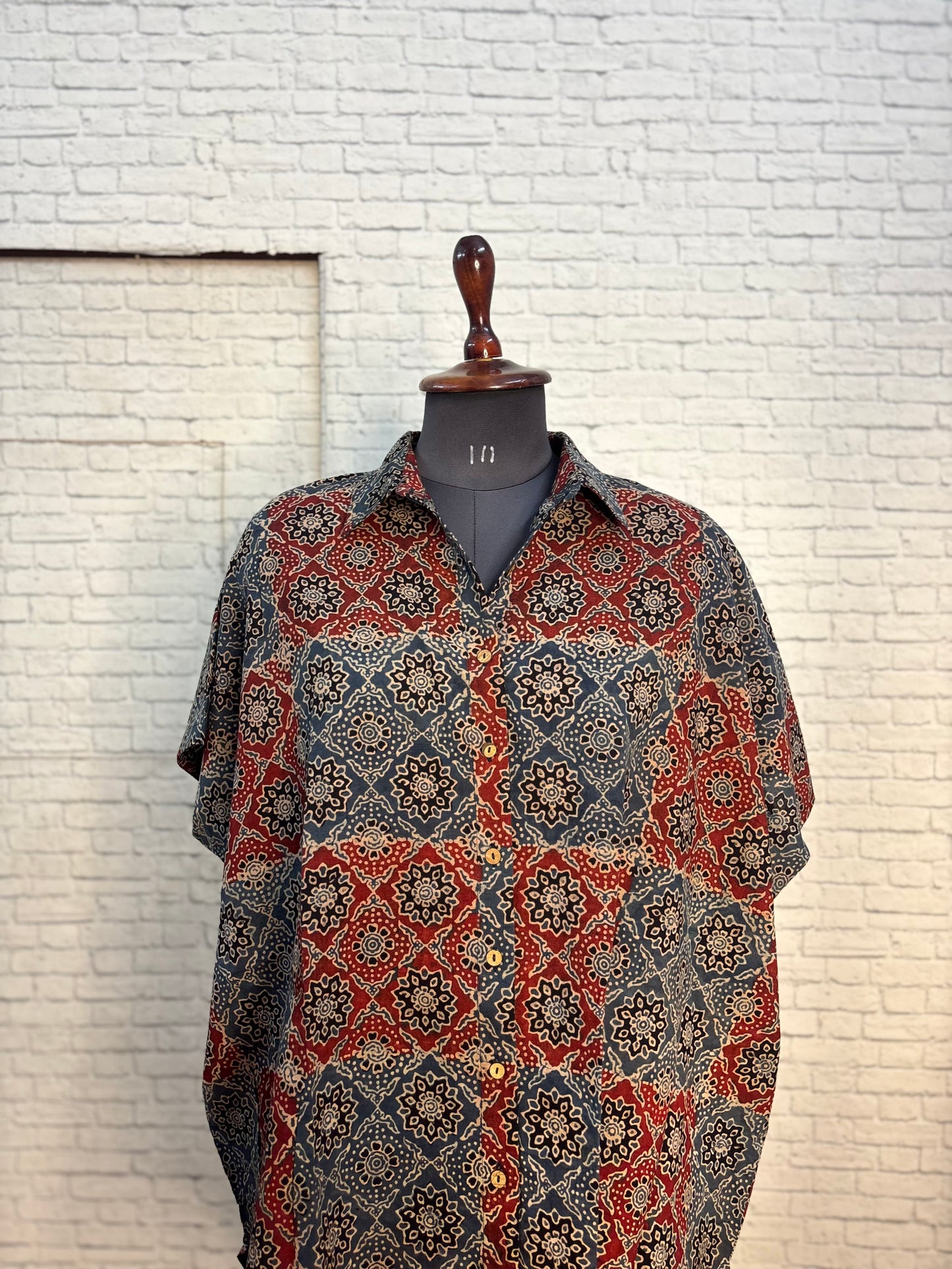 Indigo Red Ajrakh Cotton High Low Shirt Kaftan