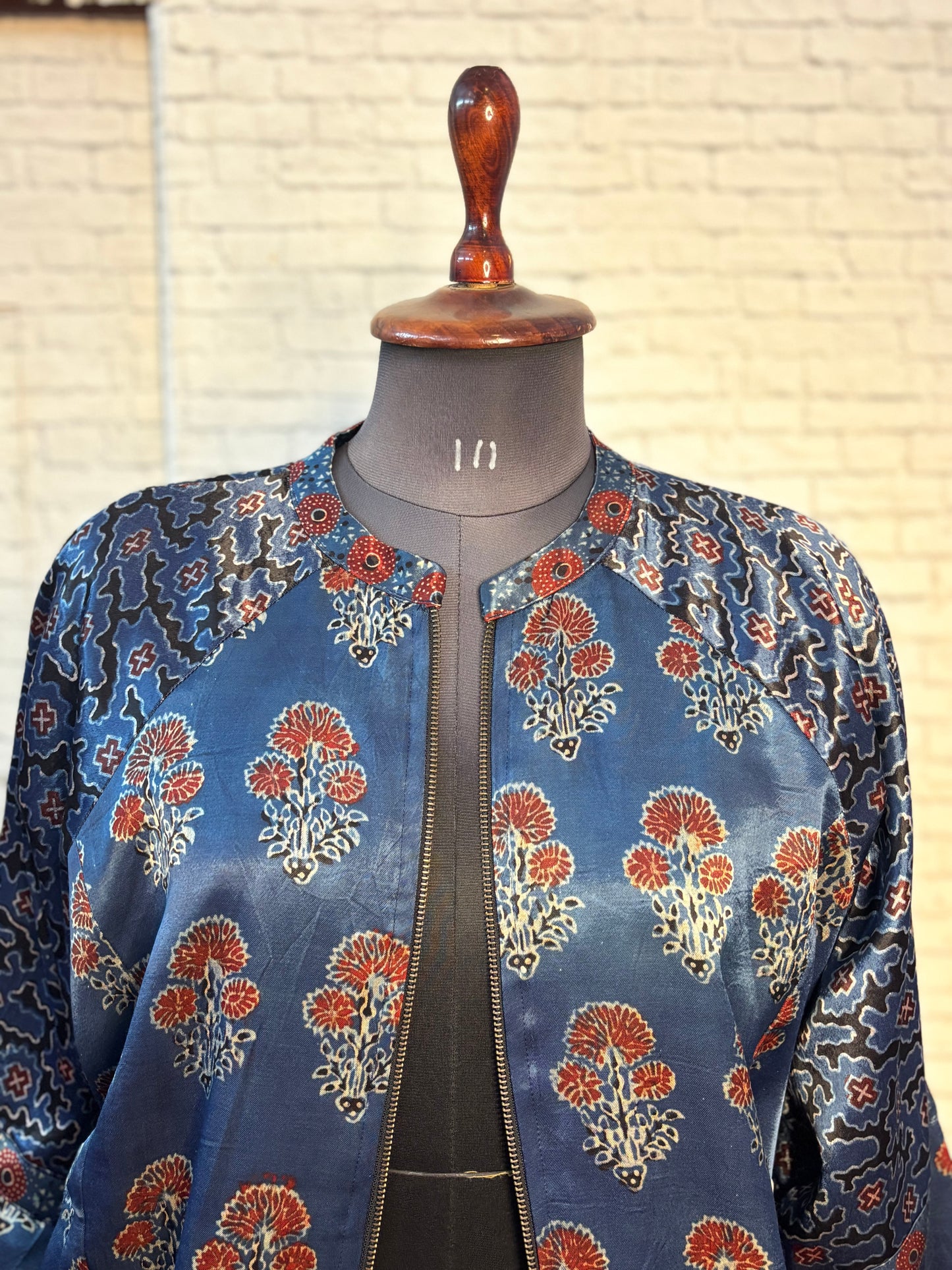 Indigo Mashru Silk Ajrakh Unisex Bomber Jacket
