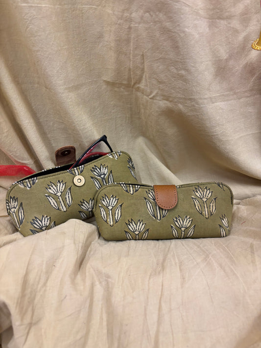 Olive Green Hand Block Printed Eyewear Case