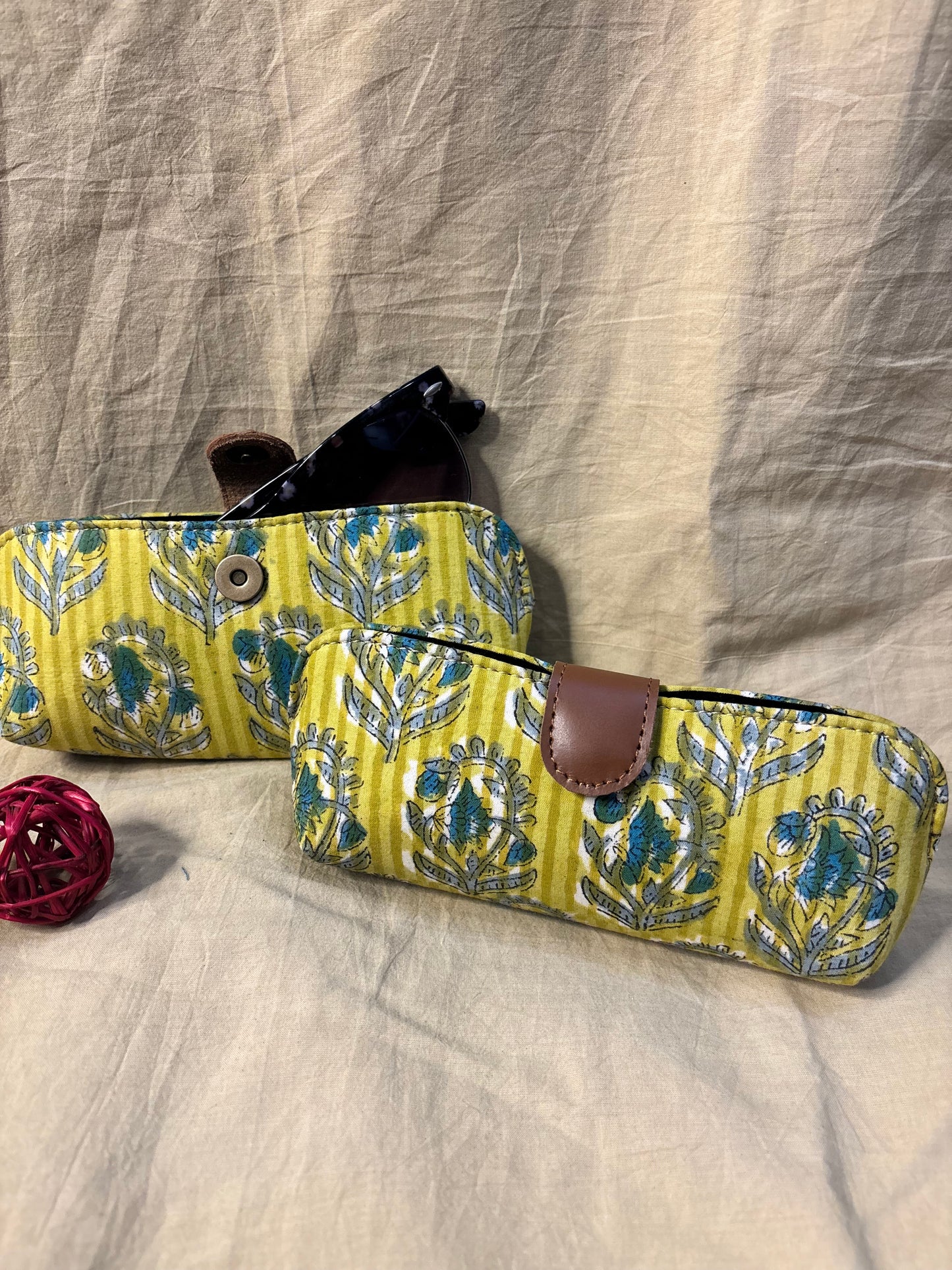 Yellow Blue Hand Block Print Eyewear Case