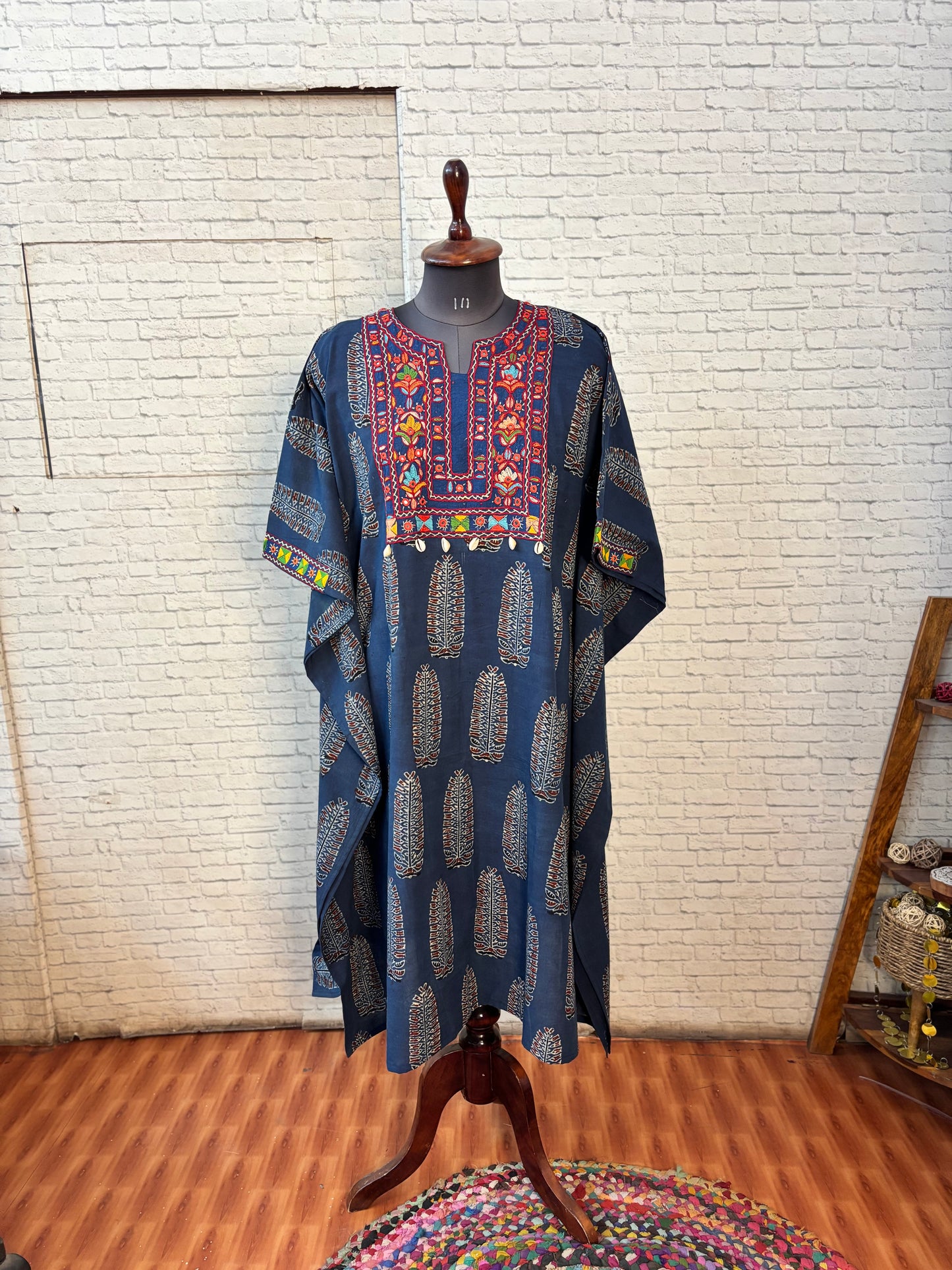 Indigo Ajrakh Hand Embroidered Patch Kaftan