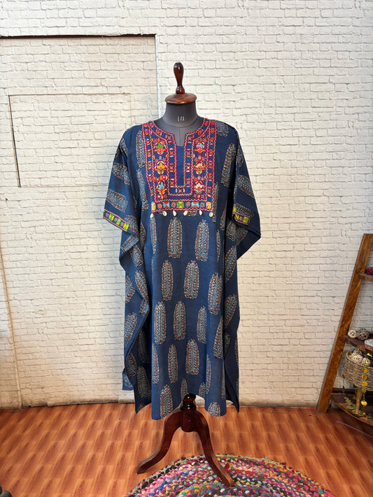 Indigo Ajrakh Hand Embroidered Patch Kaftan