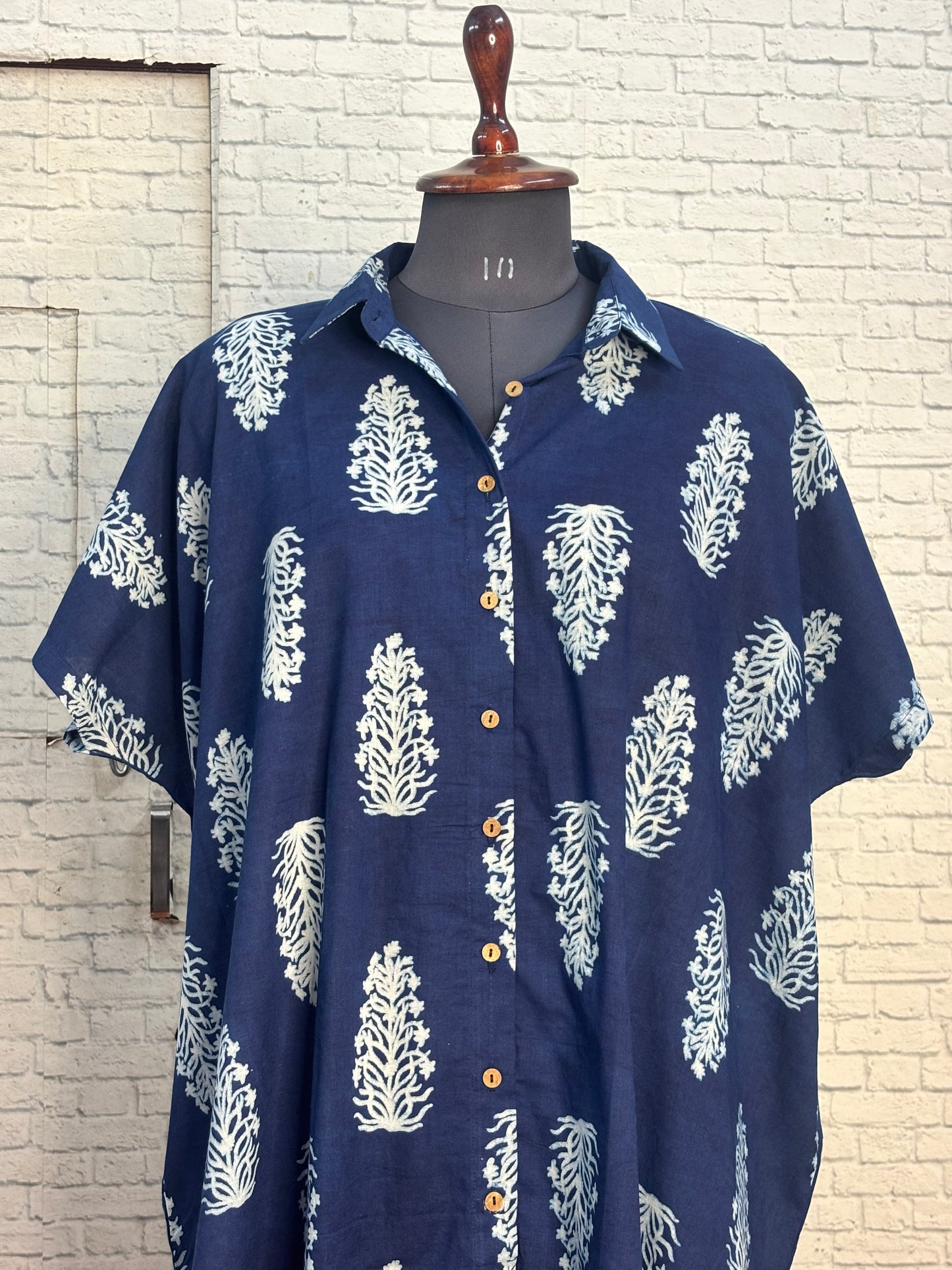 Indigo Botanical Cotton High Low Shirt Kaftan