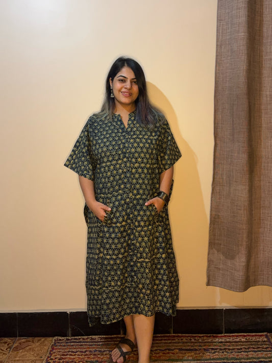 Indigo Green High Low Ajrakh Midi Cotton Shirt Kaftan