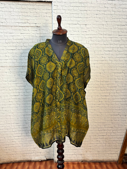Green Ajrakh Chanderi Shirt Kaftan with Sequin Detailing