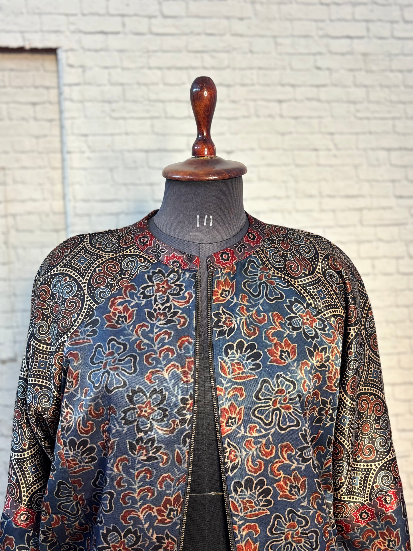 Indigo Black Mashru Silk Ajrakh Unisex Bomber Jacket
