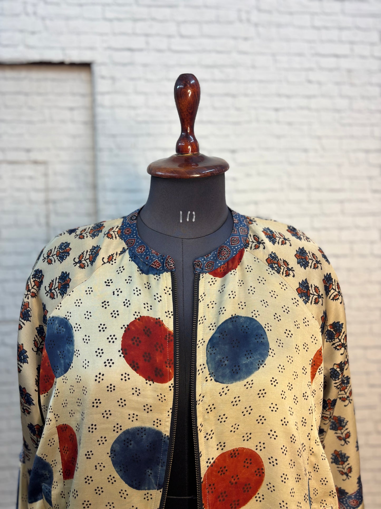 White Modal Silk Ajrakh Unisex Bomber Jacket