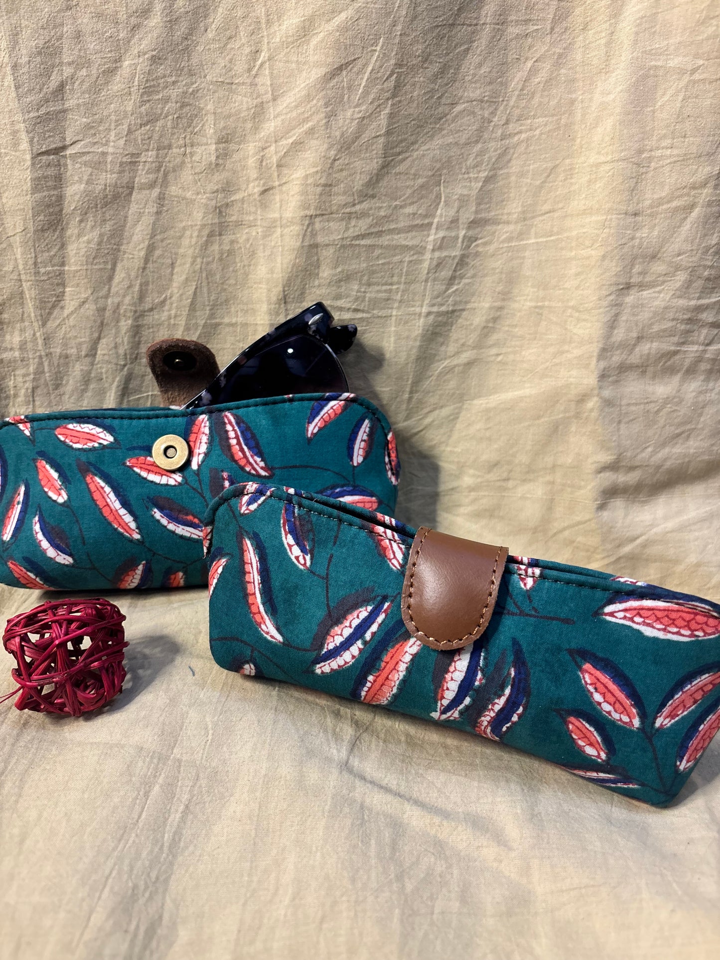 Teal Red Hand Block Print Eyewear Case