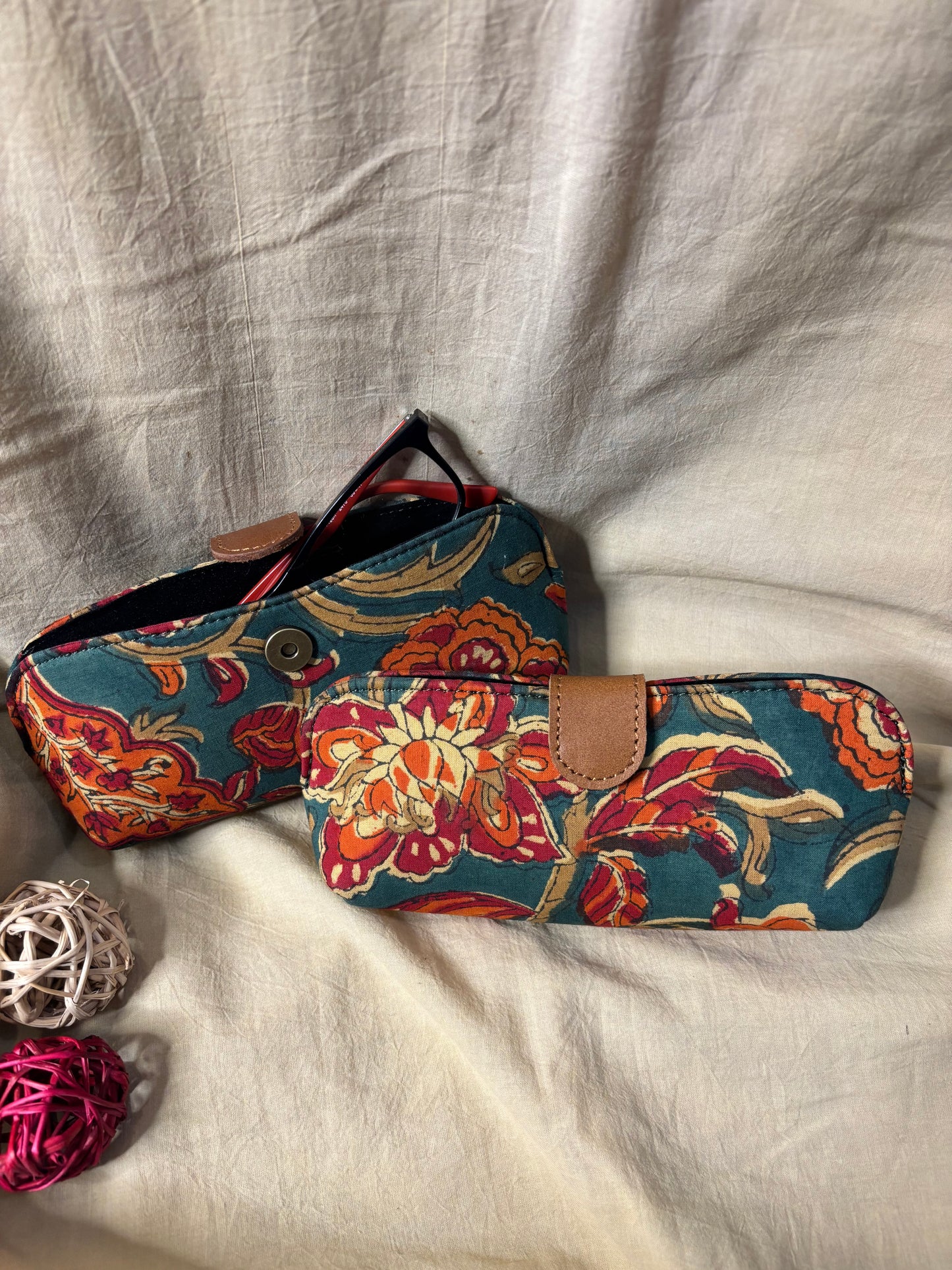 Green Orange Hand Block Print Eyewear Case