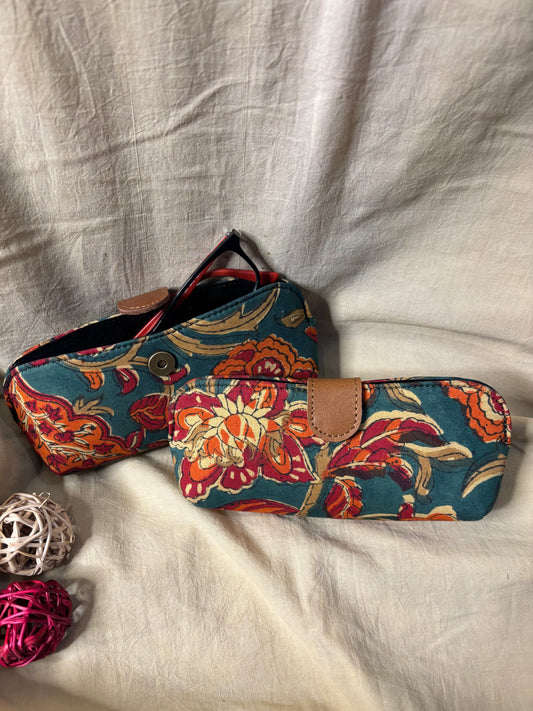 Green Orange Hand Block Print Eyewear Case