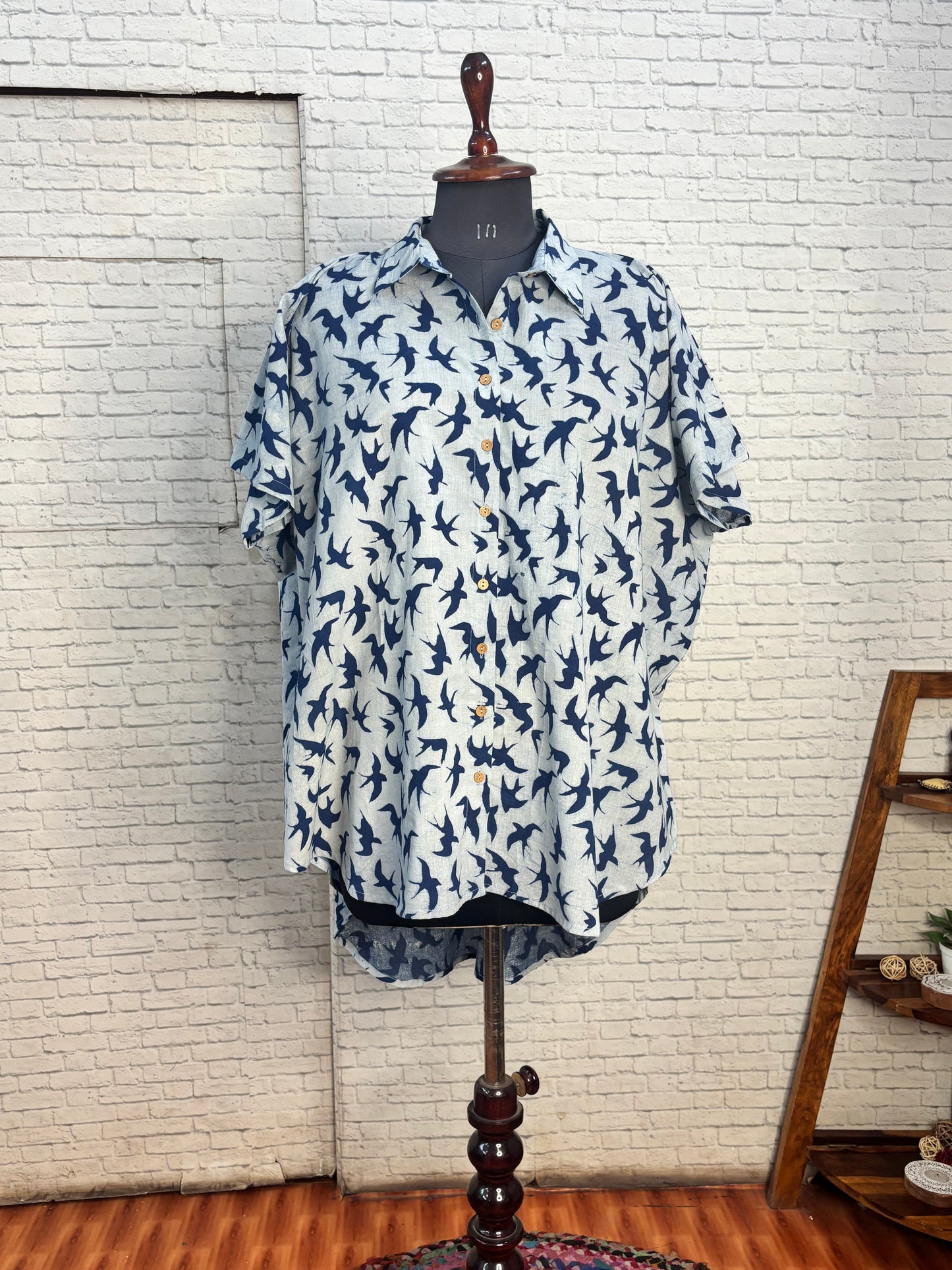Indigo Birds Cotton High Low Shirt Kaftan