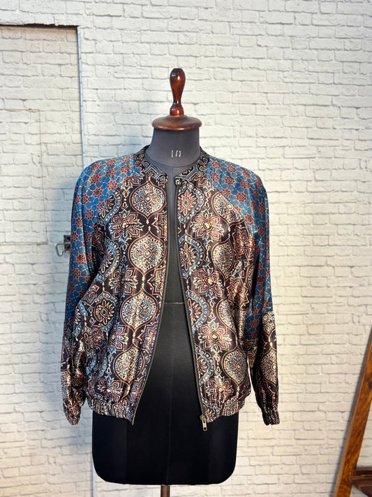 Black Indigo Mashru Silk Ajrakh Unisex Bomber Jacket