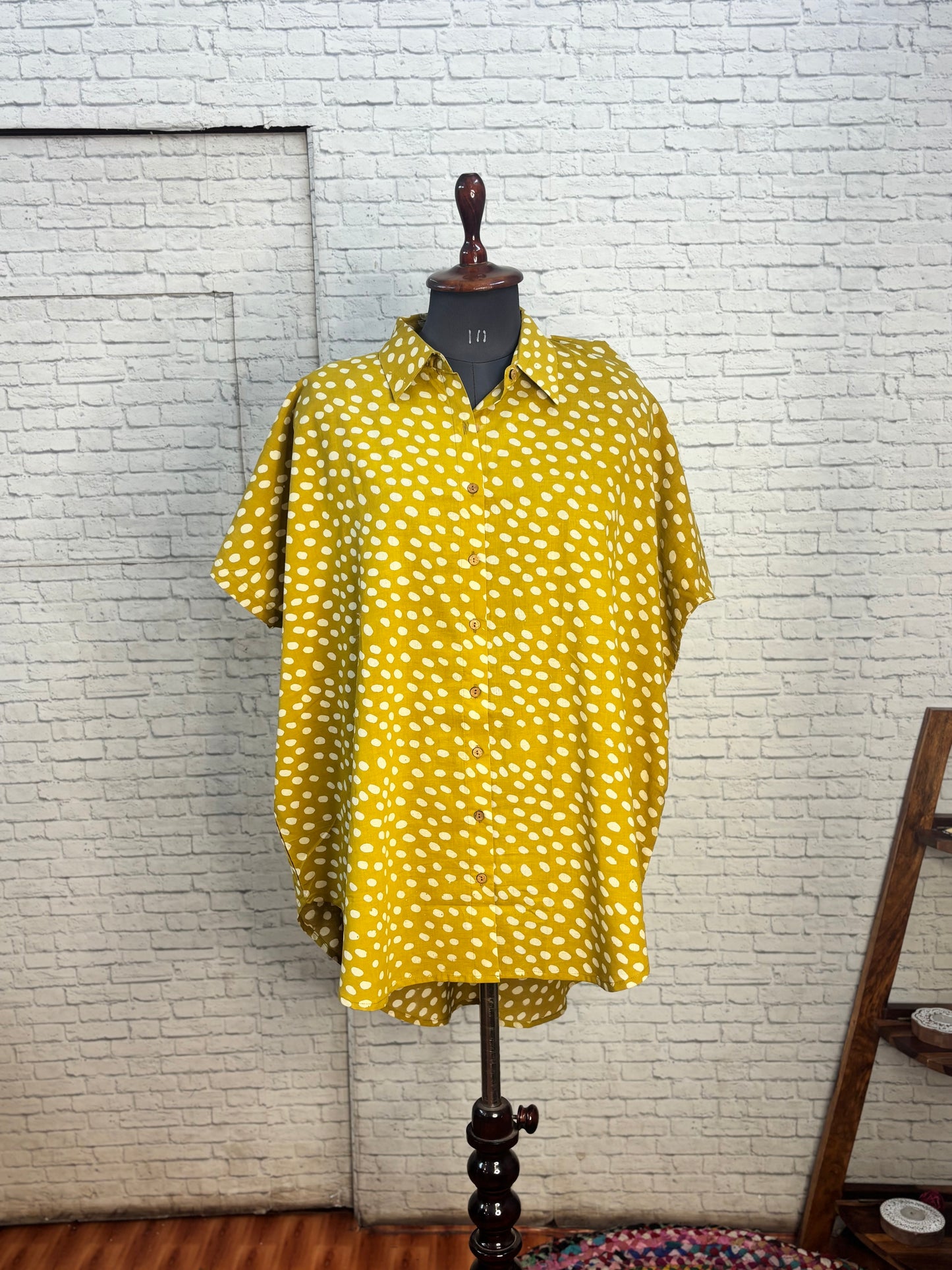 Mustard Polka Dot Cotton High Low Shirt Kaftan