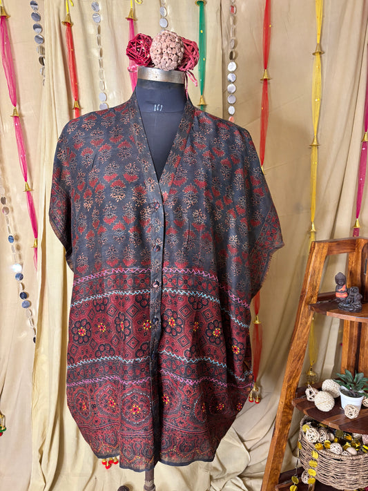 Indigo Red Ajrakh Chanderi Shirt Kaftan with Hand Embroidery