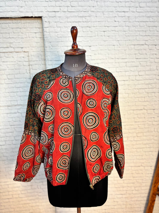 Red Green Ajrakh Hand Block Printed Unisex Bomber Jacket