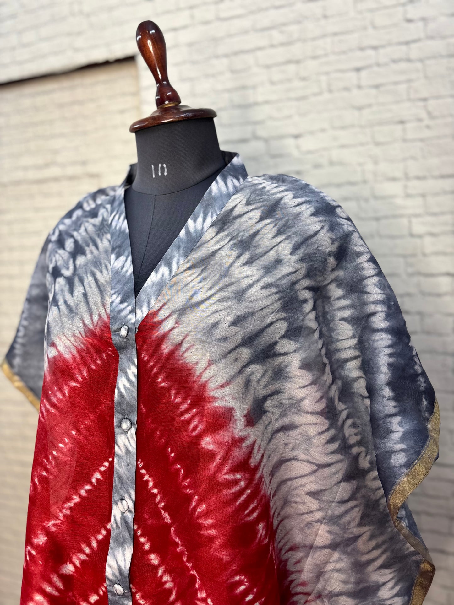 Grey Red Shibori Chanderi Shirt Kaftan with Sequin Detailing