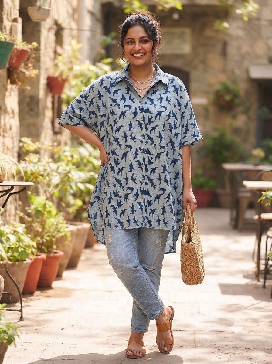 Indigo Birds Cotton High Low Shirt Kaftan