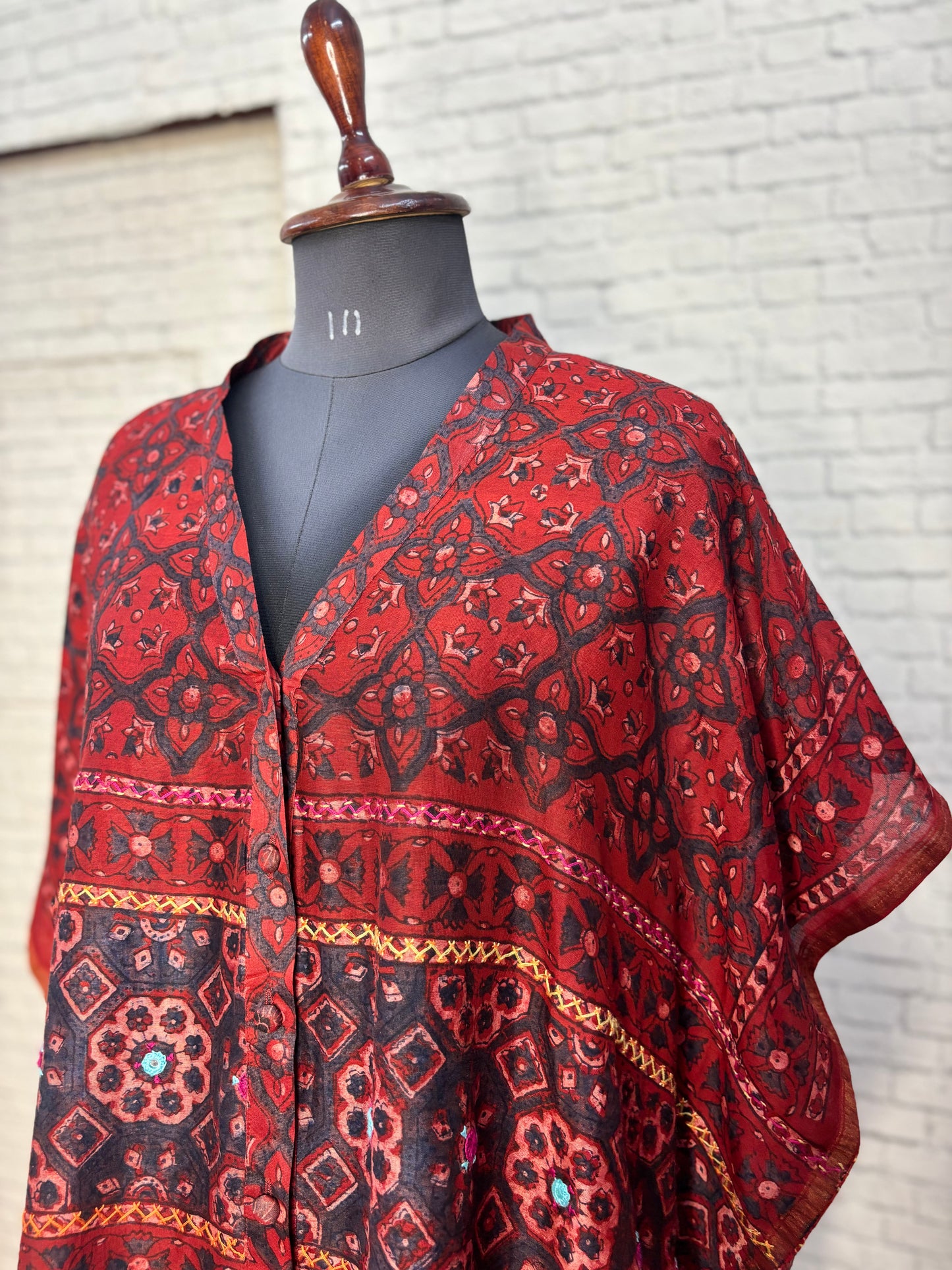 Red Ajrakh Chanderi Shirt Kaftan with Hand Embroidery