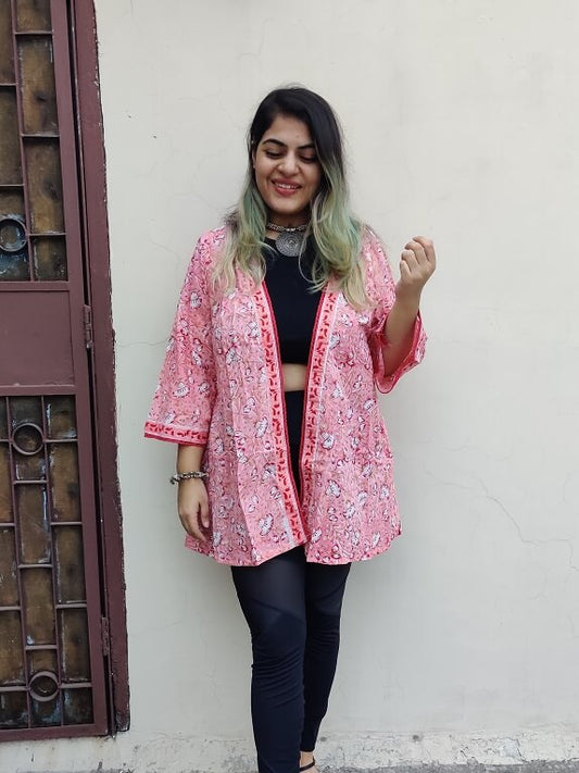 Pink Red Floral Hand Block Printed Shrug Overlay with Lace Detailing